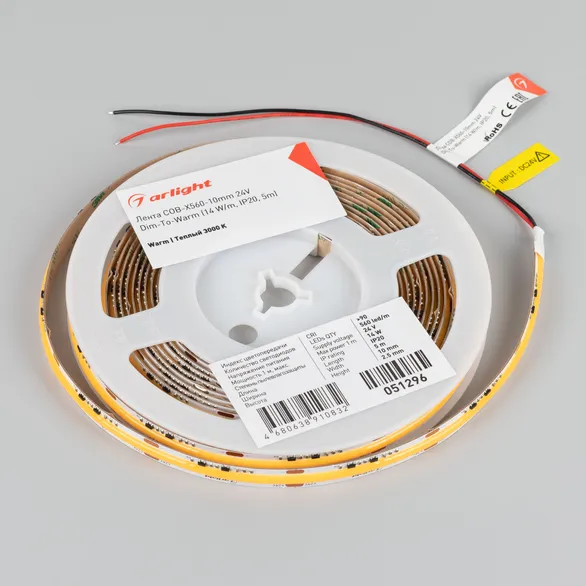 Светодиодная лента COB-X560-10mm 24V Dim-To-Warm (14 W/m, IP20, 5m) (Arlight, Dim-To-Warm)