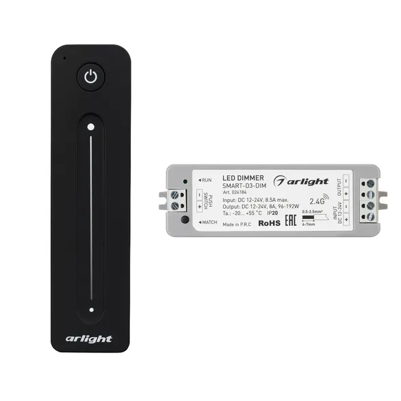 Диммер SMART-DIM-SET-LINE (12-24V, 1x8A, ПДУ 2.4G) (Arlight, IP20 Пластик, 5 лет)
