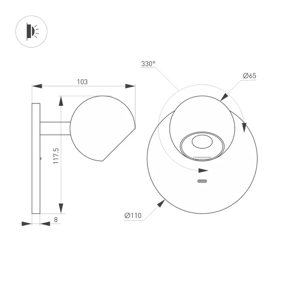 Светильник SP-OTTORI-WALL-CHARGE-6W Warm3000 (BK, 30 deg, 230V, USB-C) (Arlight, IP20 Металл, 3 года)