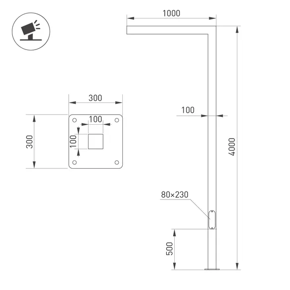 Опора OXOR-STER-G-1000x100x100-L4000-52W Warm3000 (BK, 230V) IP65 (Arlight, -)