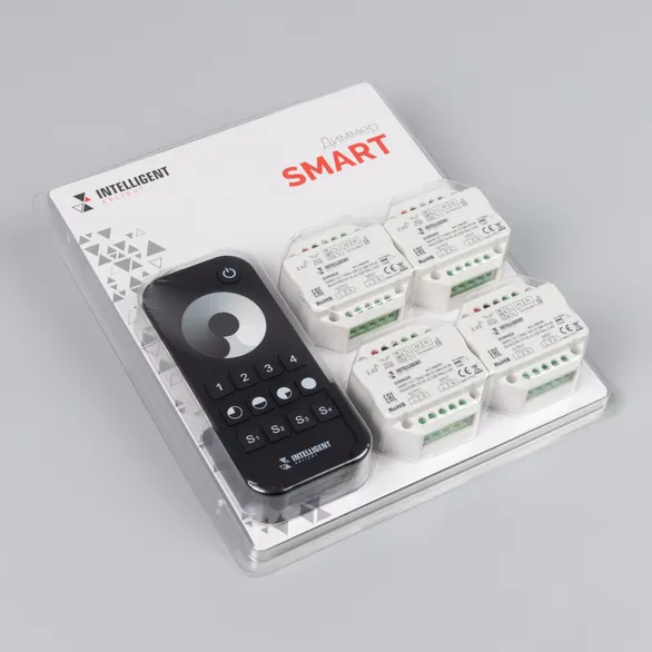 INTELLIGENT ARLIGHT Диммер SMART-SET-TRIAC-601-72-DIM-PD-IN Black (230V, 1x1.5A, x4, ПДУ 10кн, 2.4G) (IARL, IP20 Пластик, 5 лет)