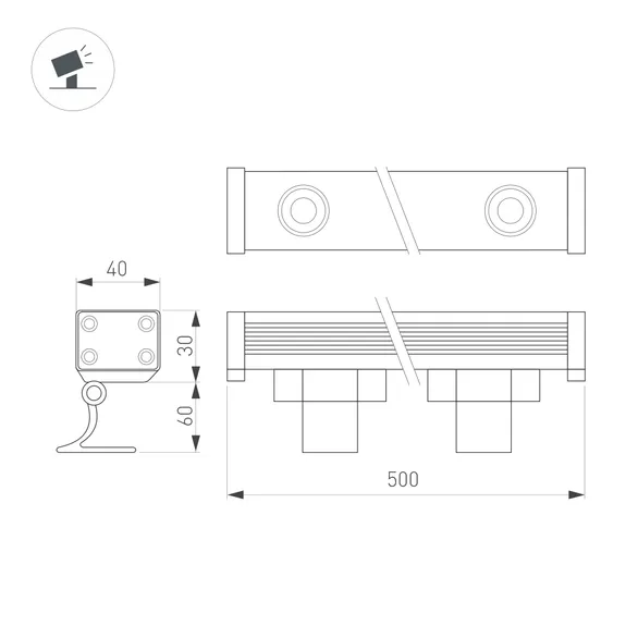 Линейный прожектор AR-LINE-500-9W Warm3000 (GR, 30 deg, 230V) (Arlight, IP65 Металл, 3 года)