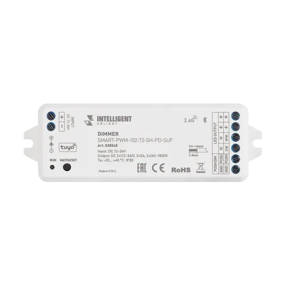 INTELLIGENT ARLIGHT Диммер SMART-PWM-102-72-SH-PD-SUF (12-36V, 2x5A, TUYA BLE, 2.4G) (IARL, IP20 Пластик, 5 лет)