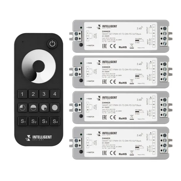 INTELLIGENT ARLIGHT Диммер SMART-SET-PWM-101-72-DIM-PD-SUF Black (5-36V, 1x8A, x4, ПДУ 13кн, 2.4G) (IARL, IP20 Пластик, 5 лет)