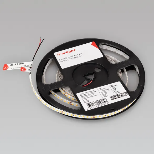 Светодиодная лента RT-A160-8mm 24V Day5000 (12 W/m, IP20, 2835, 5m) (Arlight, высок.эфф.150 лм/Вт)
