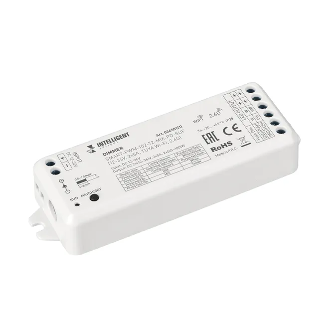 INTELLIGENT ARLIGHT Диммер SMART-PWM-102-72-MIX-PD-SUF (12-36V, 2x5A, TUYA Wi-Fi, 2.4G) (IARL, IP20 Пластик, 5 лет)