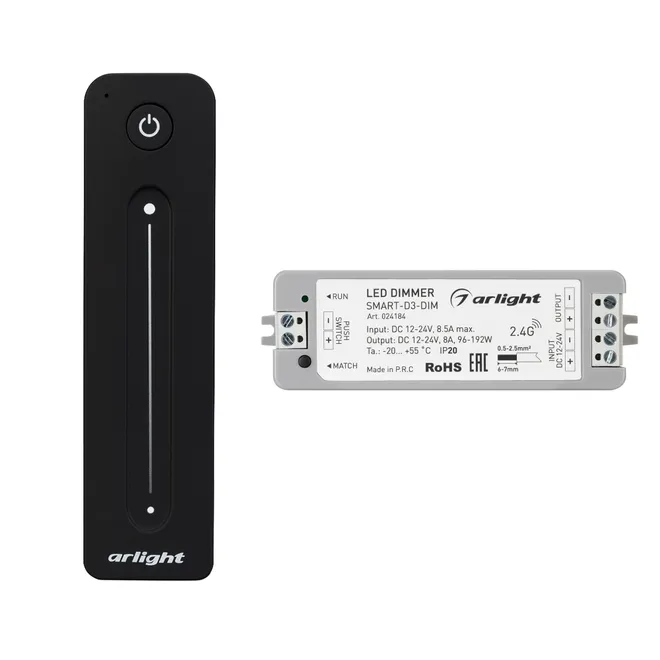 Диммер SMART-DIM-SET-LINE (12-24V, 1x8A, ПДУ 2.4G) (Arlight, IP20 Пластик, 5 лет)