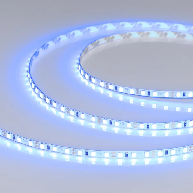 Светодиодная лента RT-A120-5mm 12V Blue (9.6 W/m, IP20, 5m) (Arlight, 9.6 Вт/м, IP20)