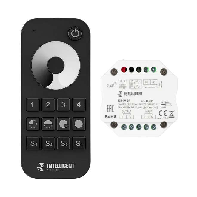 INTELLIGENT ARLIGHT Диммер SMART-SET-TRIAC-601-72-DIM-PD-IN Black (230V, 1x1.5A, x4, ПДУ 10кн, 2.4G) (IARL, IP20 Пластик, 5 лет)