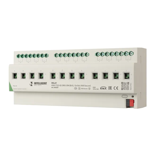 INTELLIGENT ARLIGHT Релейный модуль KNX-7123-82-DRO-DIN (BUS, 12x16A, KNX Secure) (IARL, IP20 Пластик, 2 года)