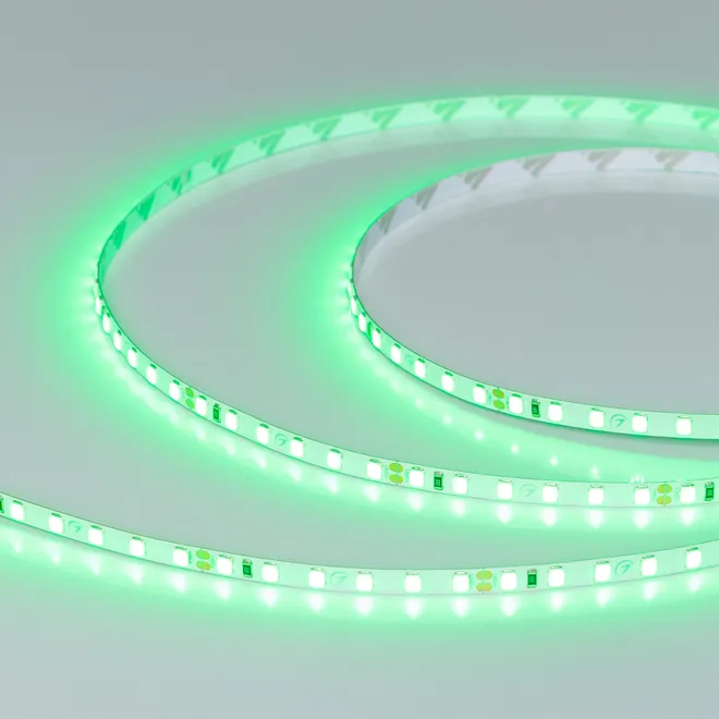 Светодиодная лента RT-A120-5mm 24V Green (9.6 W/m, IP20, 2835, 5m) (Arlight, узкая)