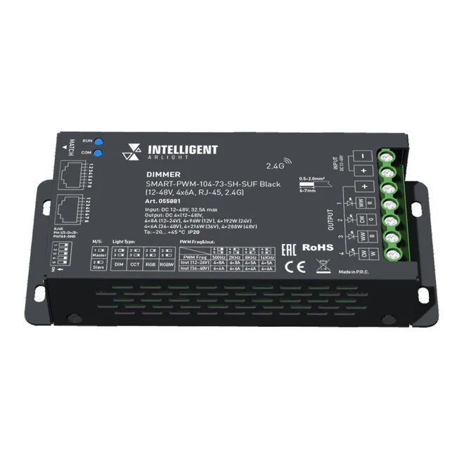 INTELLIGENT ARLIGHT Диммер SMART-PWM-104-73-SH-SUF Black (12-48V, 4x6A, RJ-45, 2.4G) (IARL, IP20 Металл, 5 лет)