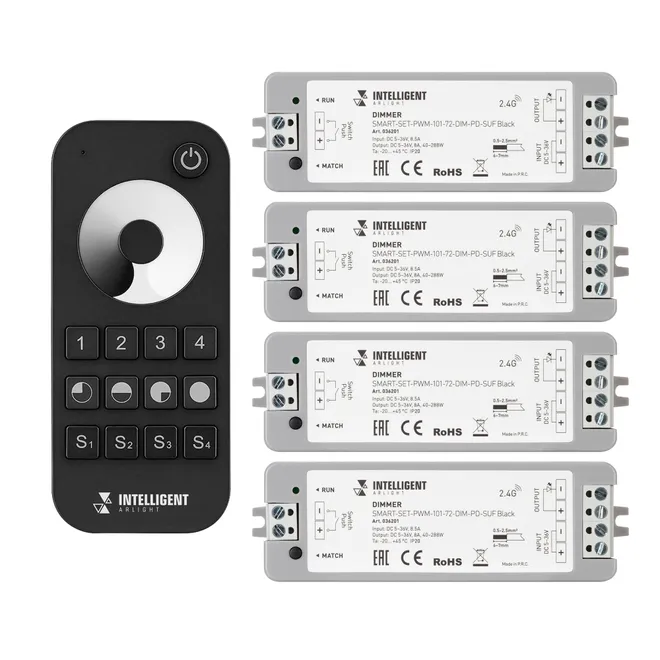 INTELLIGENT ARLIGHT Диммер SMART-SET-PWM-101-72-DIM-PD-SUF Black (5-36V, 1x8A, x4, ПДУ 13кн, 2.4G) (IARL, IP20 Пластик, 5 лет)