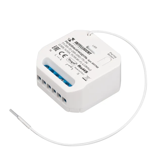 INTELLIGENT ARLIGHT Релейный модуль TY-701-72-DRI-DRO-PS-IN (230V, 1x10A, TUYA Wi-Fi, 433Mhz) (IARL, IP20 Пластик, 3 года)